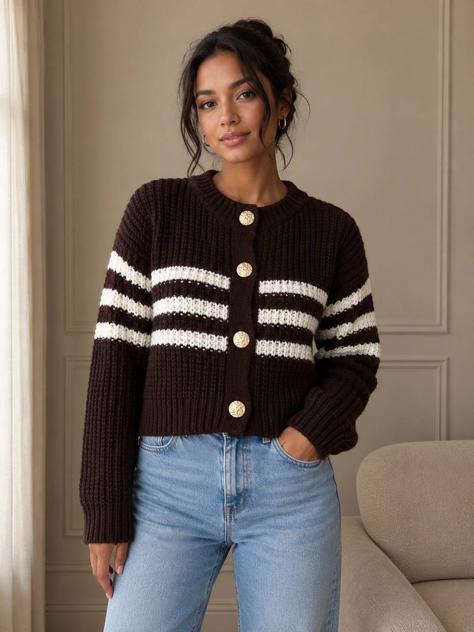 Brown cropped knit cardigan featuring bold white horizontal stripes and textured gold buttons.
