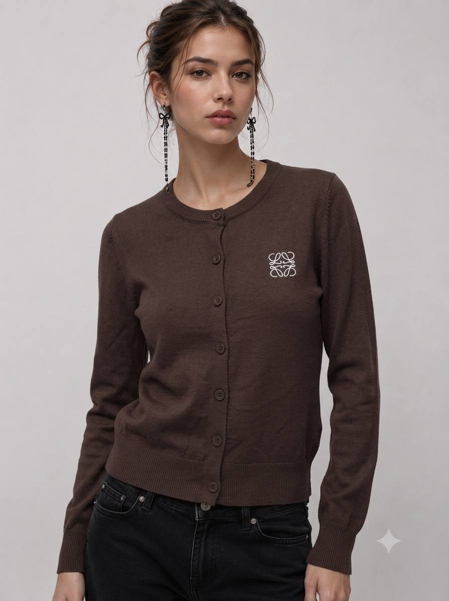 Brown knit cardigan features a embroidered white logo
