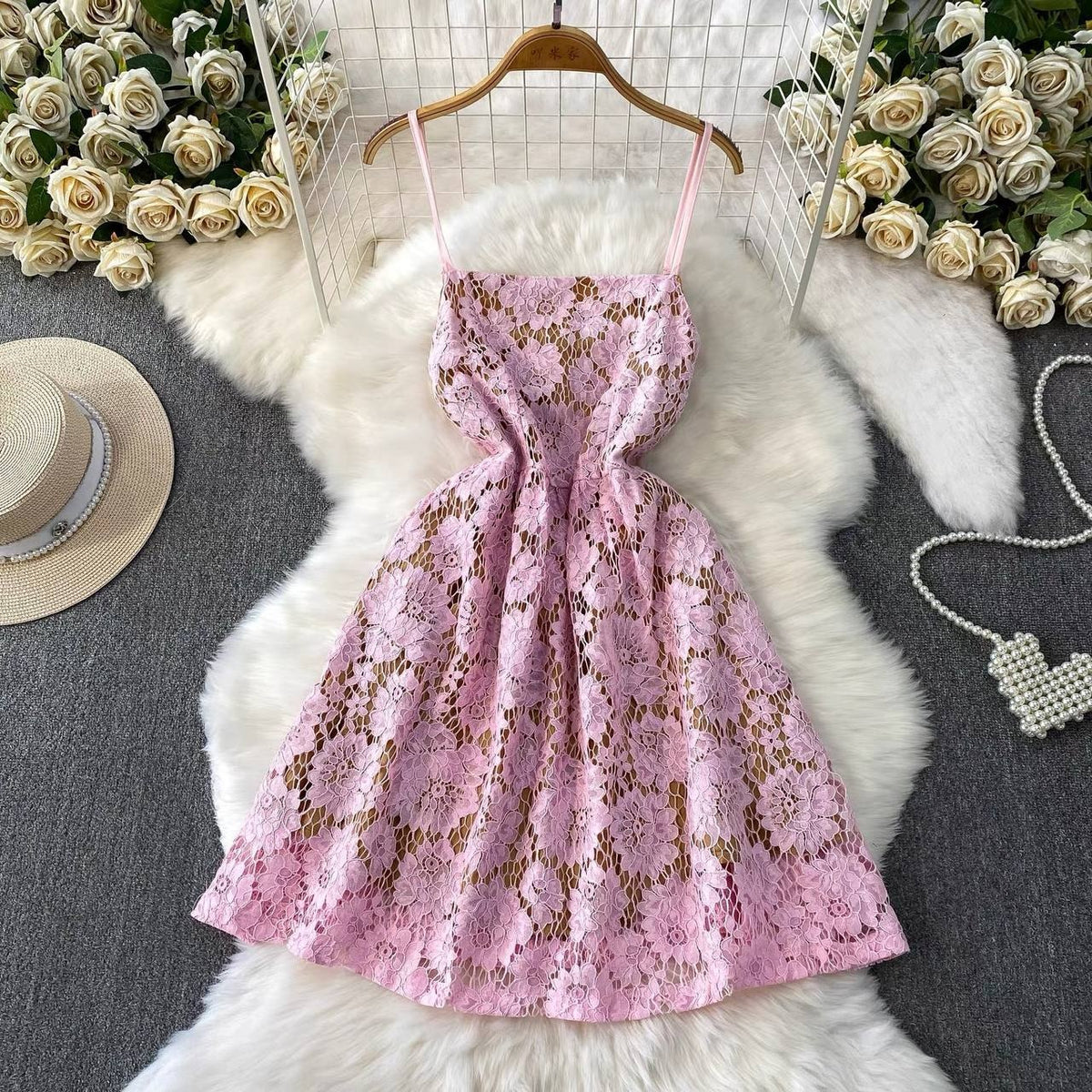 Light luxury crochet lace camisole dress