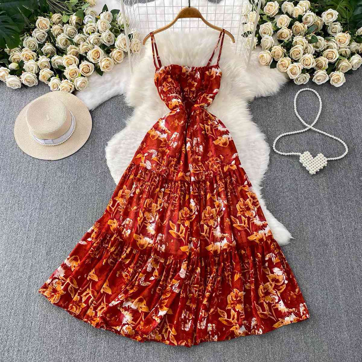 Vibrant red-orange bohemian floral cami maxi dress