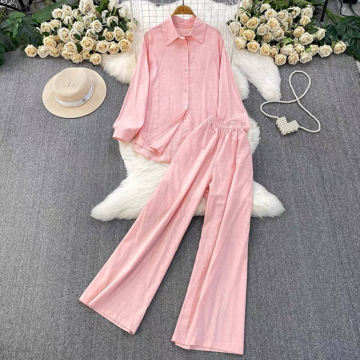 Pink linen two piece casual set