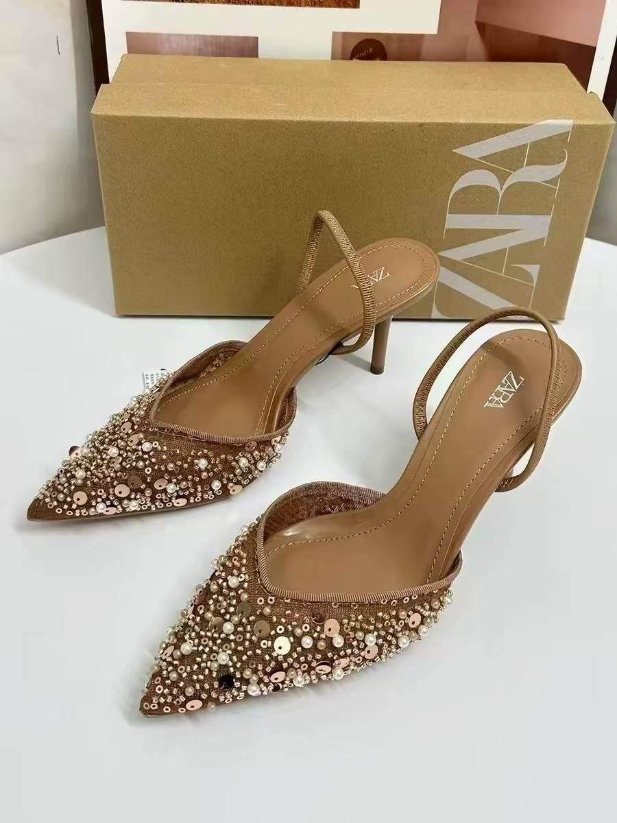 Zara mesh and bead slingback heels