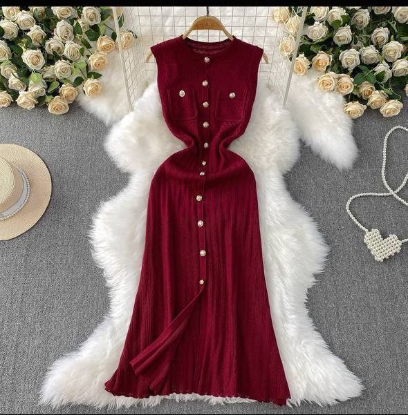 Red sleeveless ribbed knit button-down maxi dress