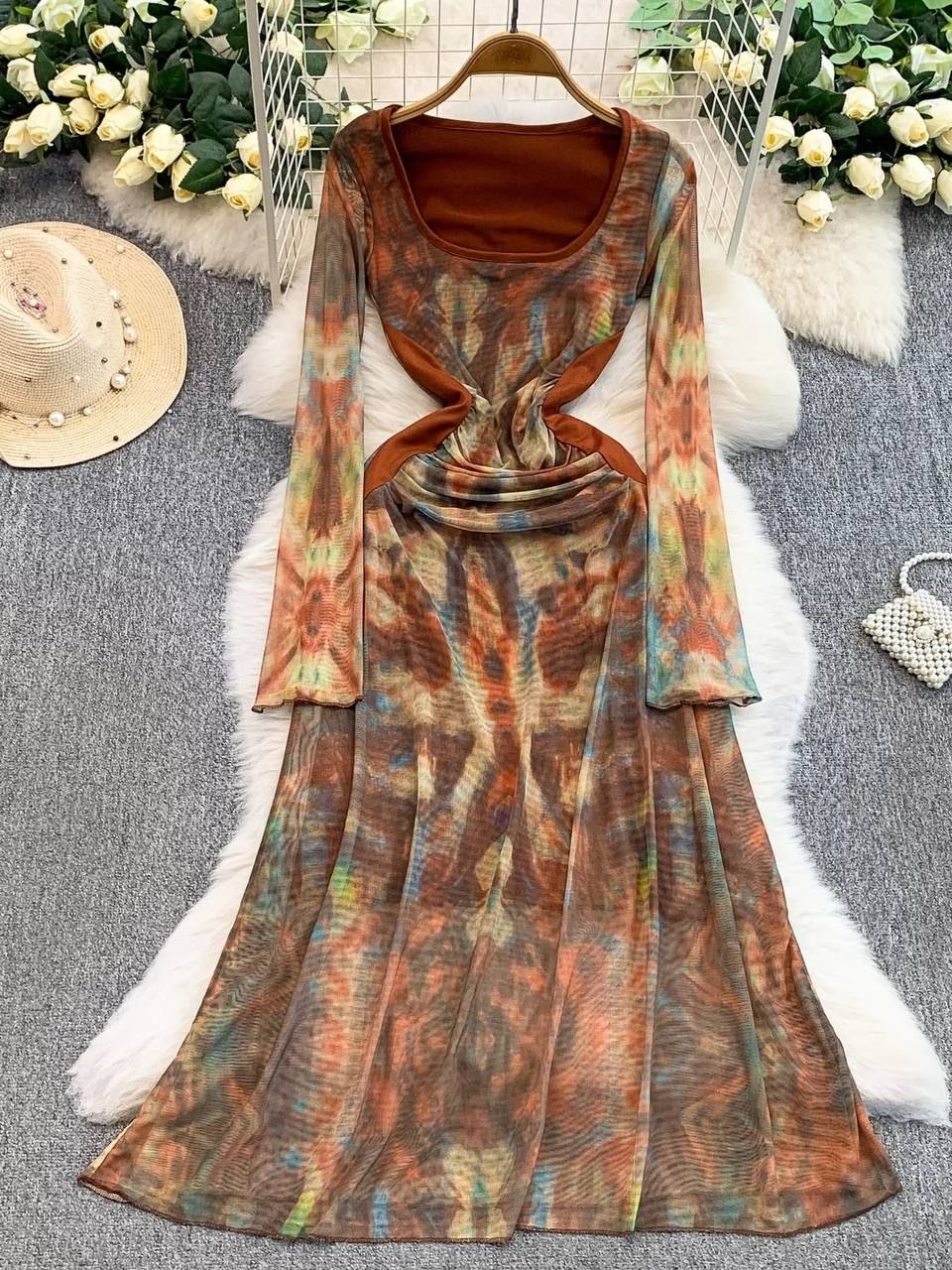 Multi-colored mesh maxi dress