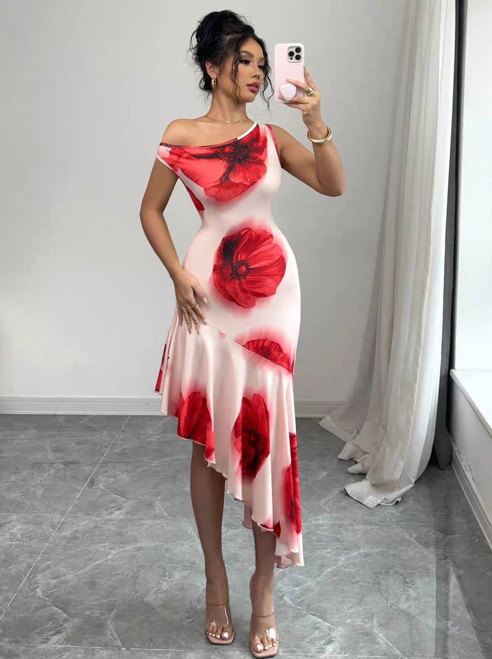 Floral print, one-shoulder midi dress with an asymmetrical hem