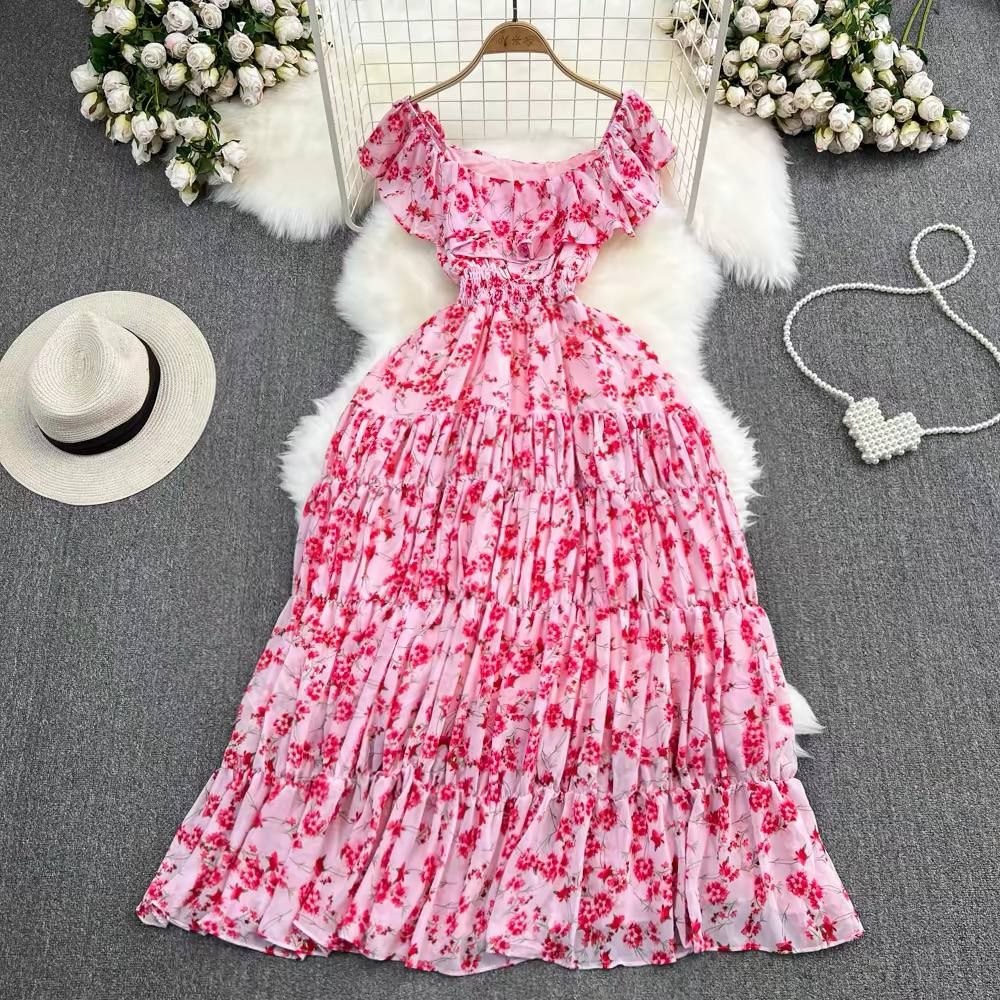Pink floral tiered bohemian maxi dress