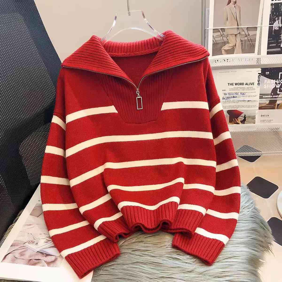 Women's oversized striped half-zip knitted sweater
