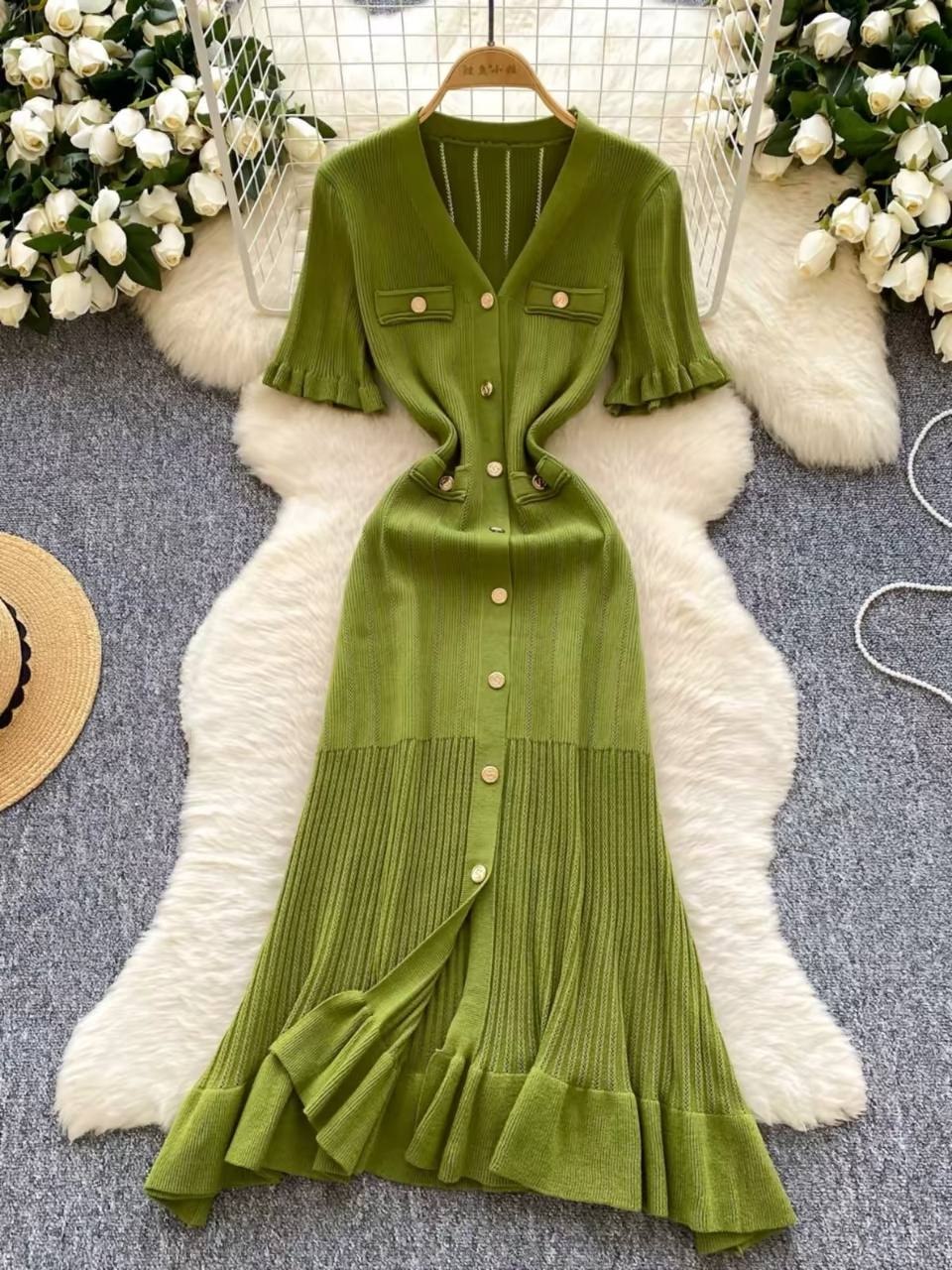 Elegant French vintage-inspired knitted midi dress in olive green