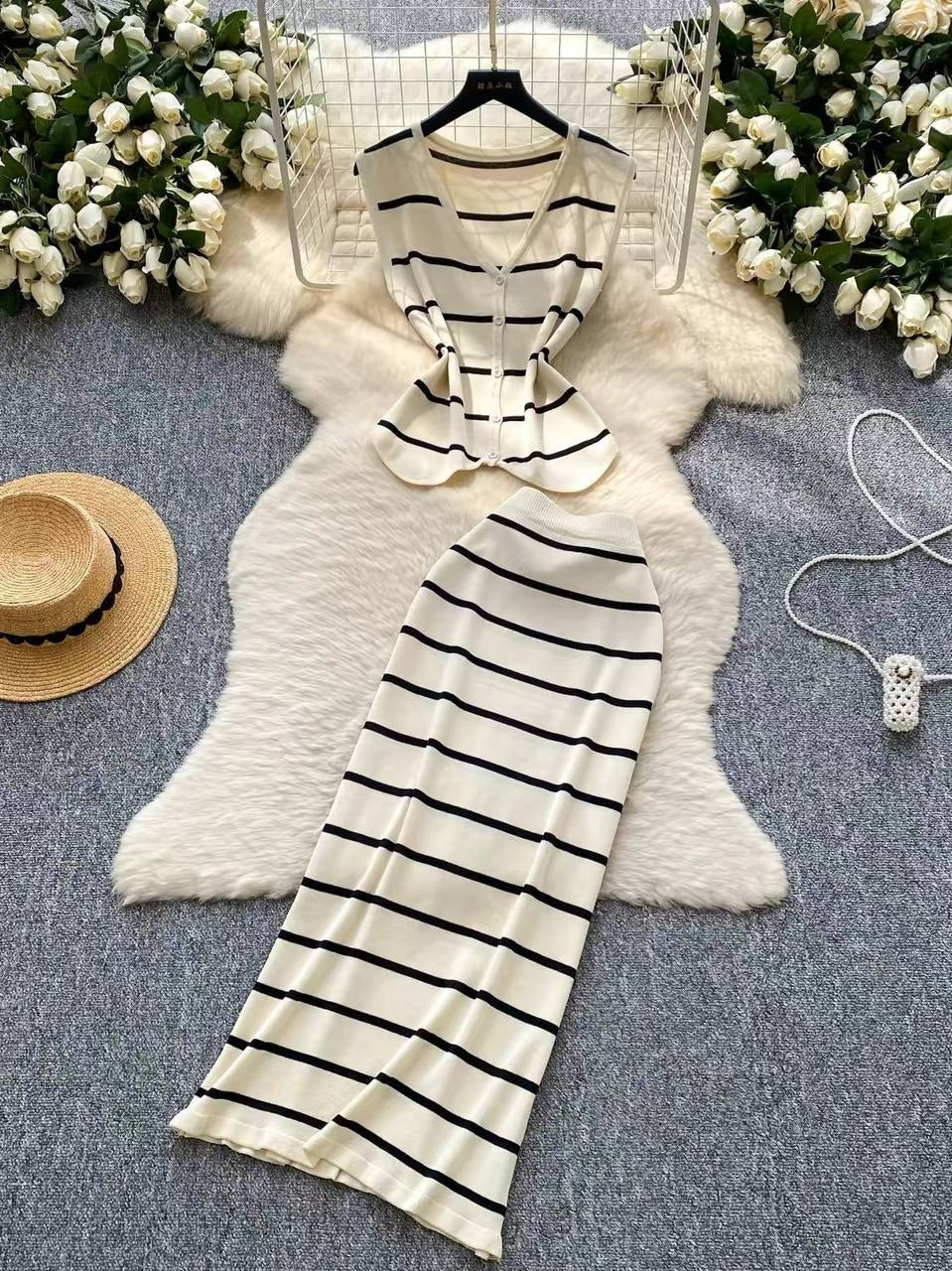 Two-piece horizontal striped knit set