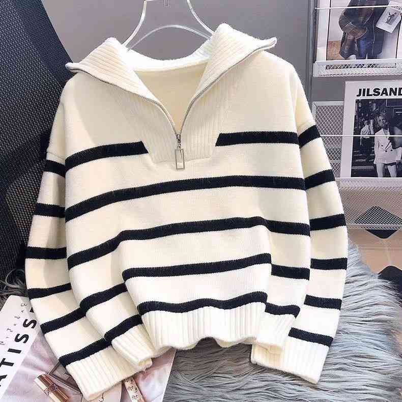 Women's striped half zip knitted sweater