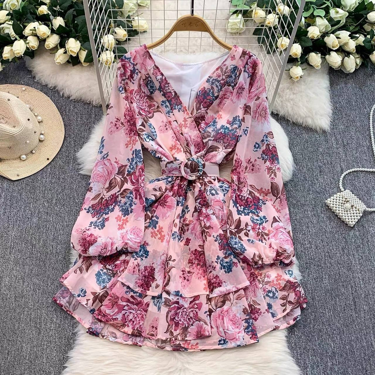 Pink floral chiffon puff-sleeve mini dress