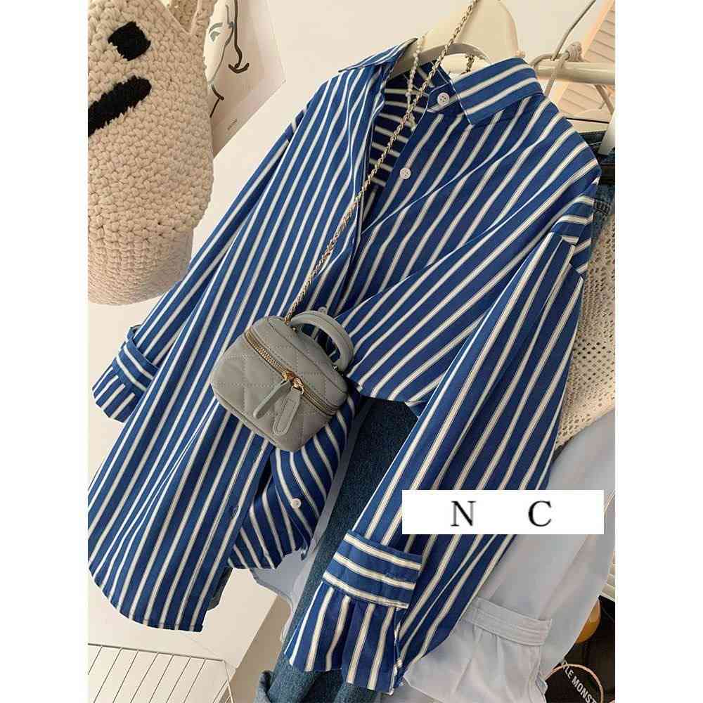 French-style blue and white striped button-down long-sleeve shirt