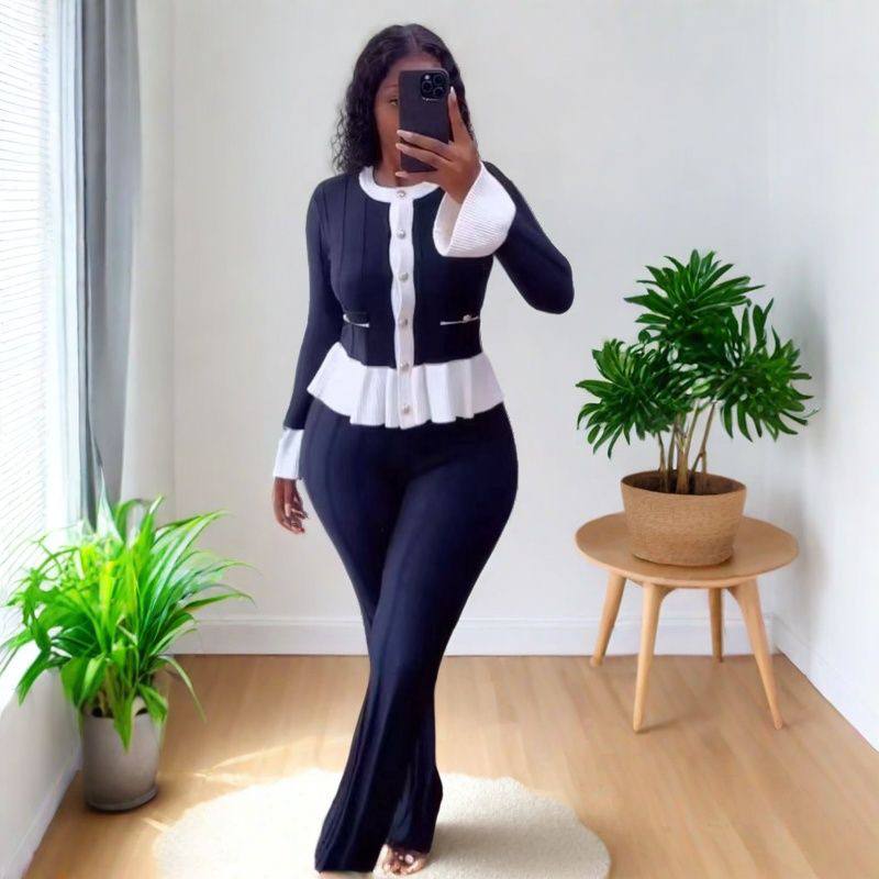 Black and white peplum pant set