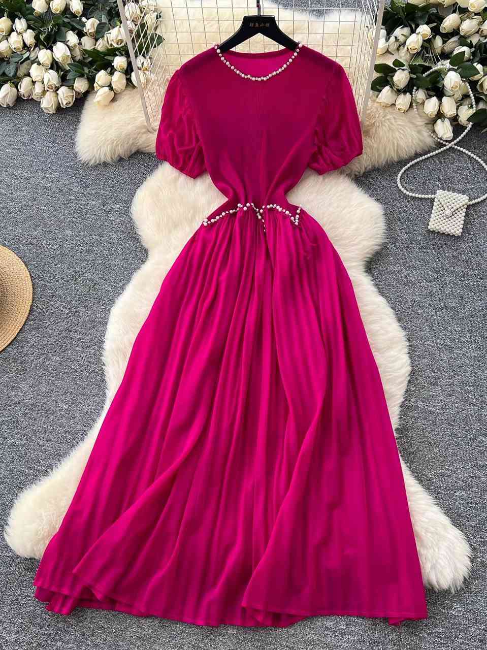 French retro style pleated maxi dress