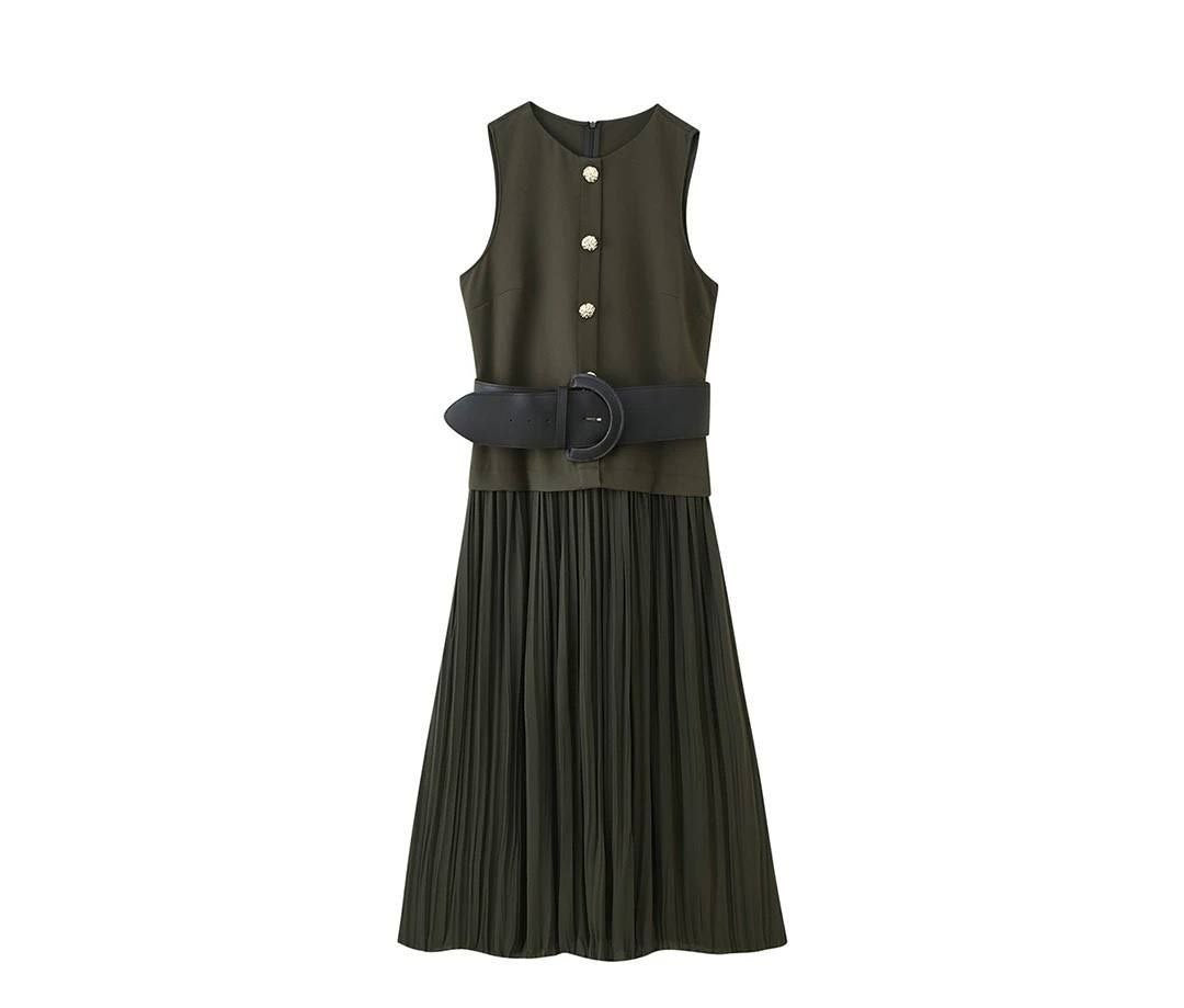 Olive green sleeveless pleated midi dress with a belt
