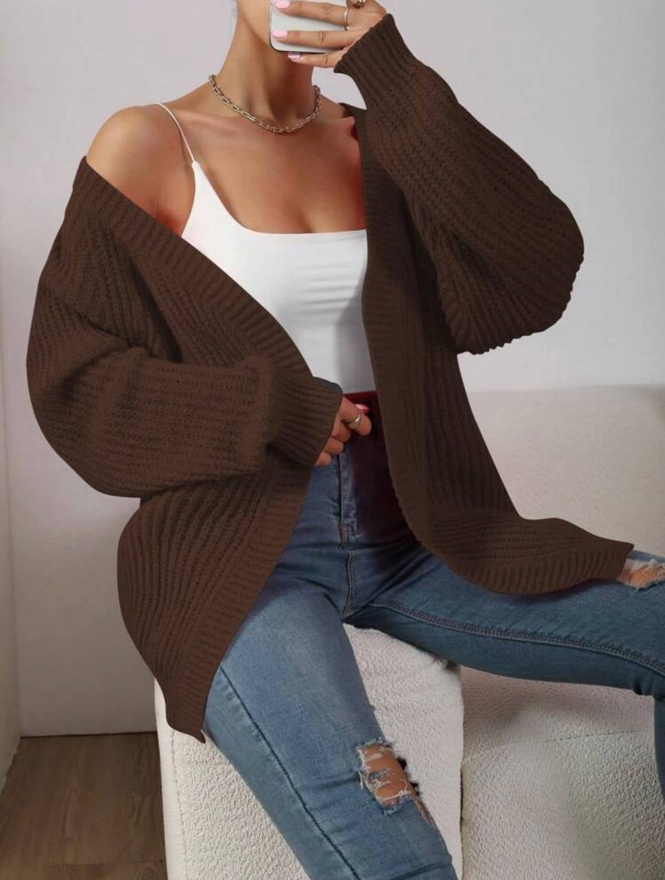 Dark brown ribbed-knit cardigan