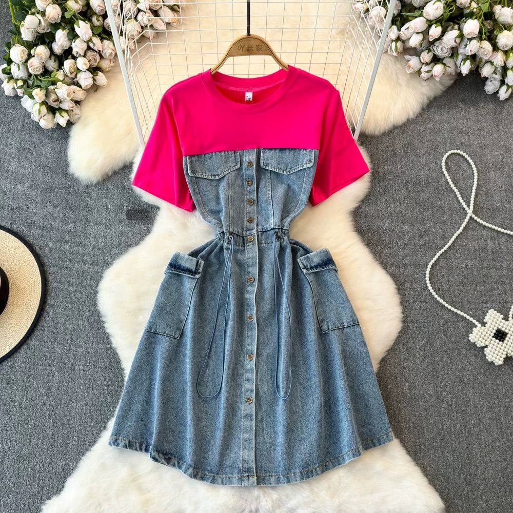 Patchwork denim A-line dress