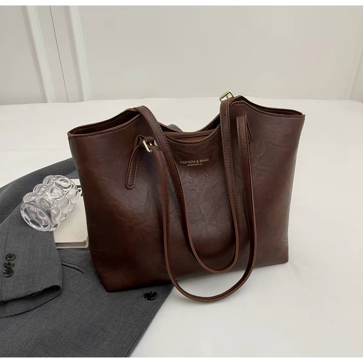 Vintage style dark brown faux leather tote bag