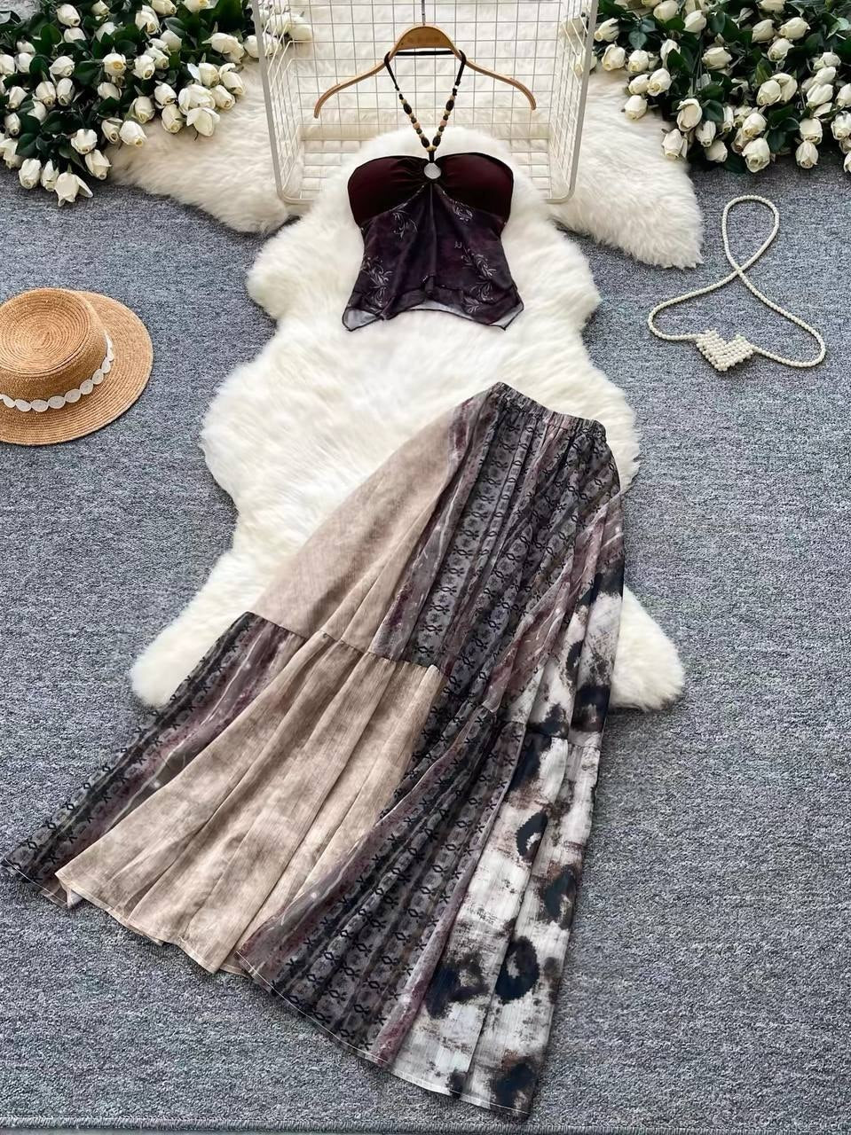 Elegant muted burgundy top and printed skirt
