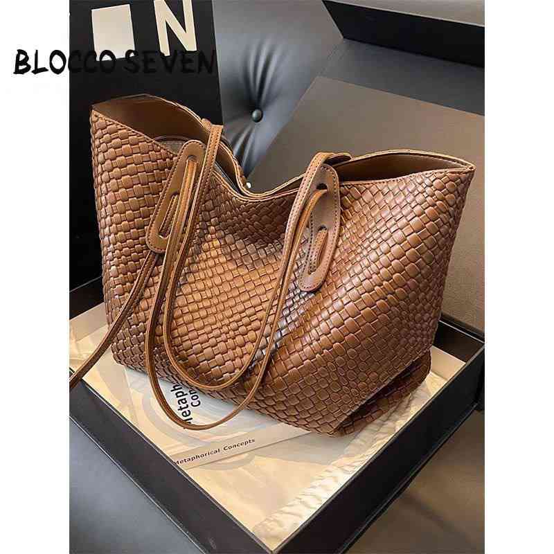 Large woven faux leather (PU) tote bag