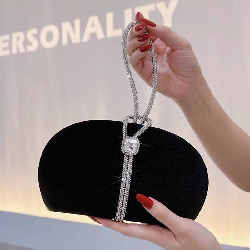 Luxury black velvet rhinestone clutch purse