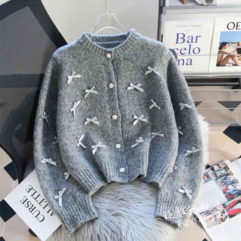 Gray coquette-style bow cardigan