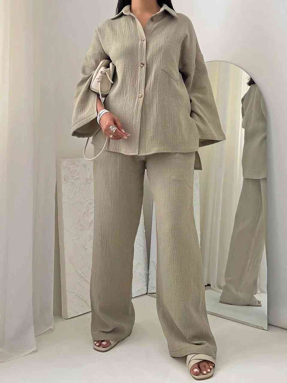 Oversized, crinkled cotton or linen blend button-down shirt