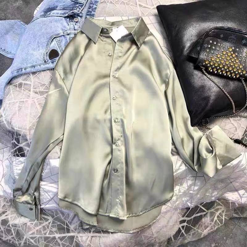 Women's long-sleeve satin button-down shirt