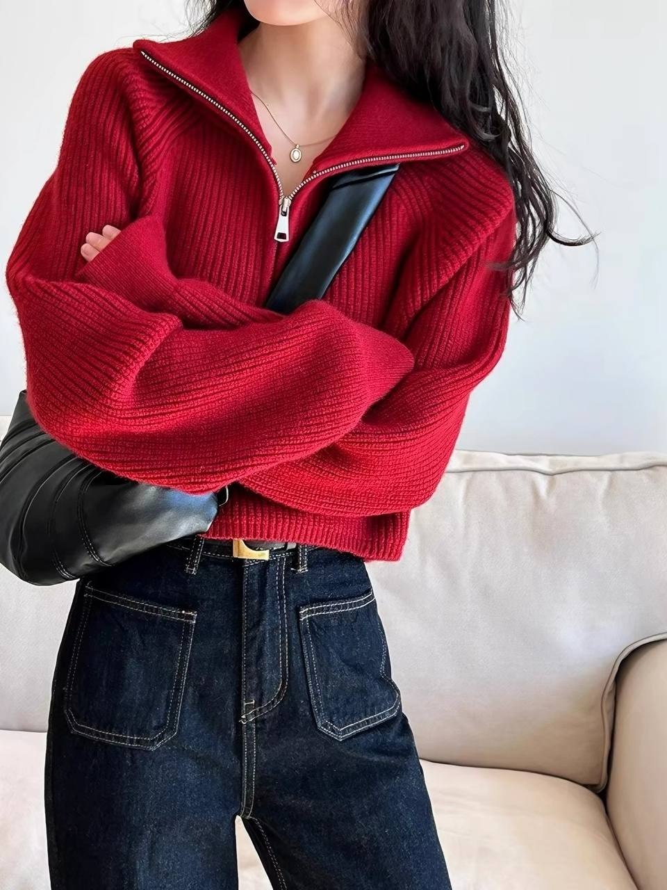 Cropped half-zip ribbed knit sweater