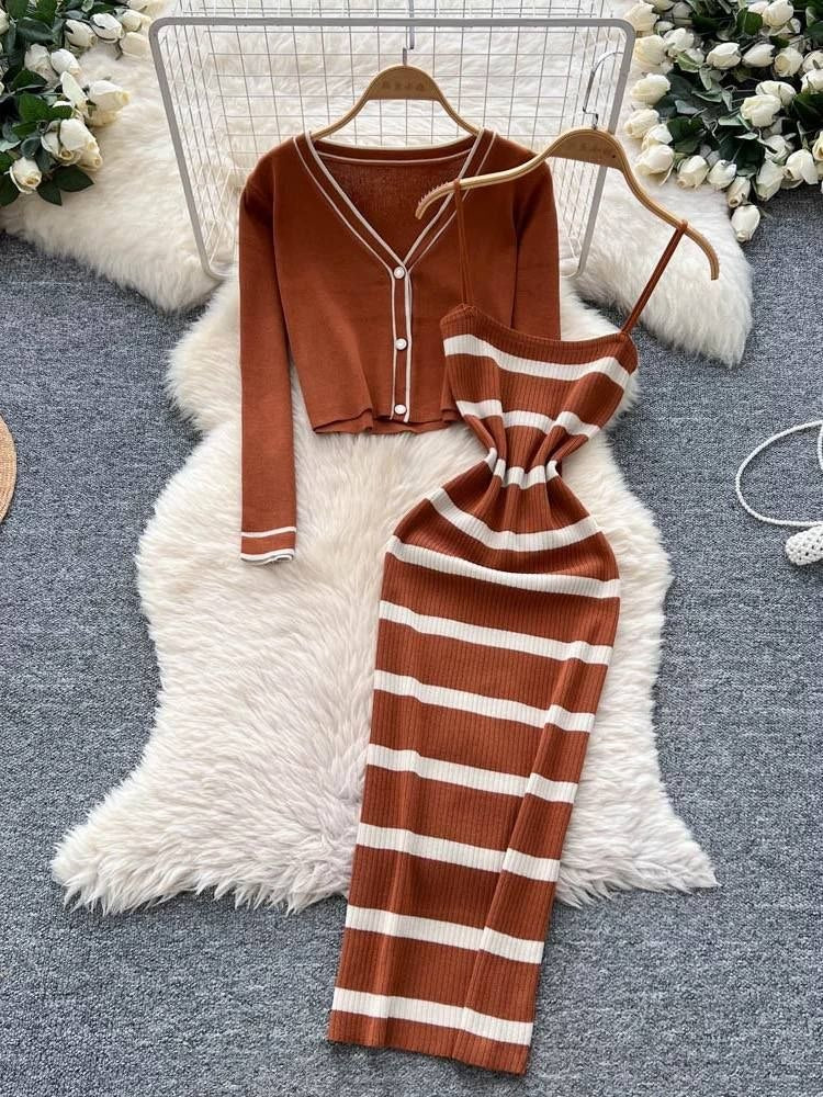 Brown and white striped knit two-piece set