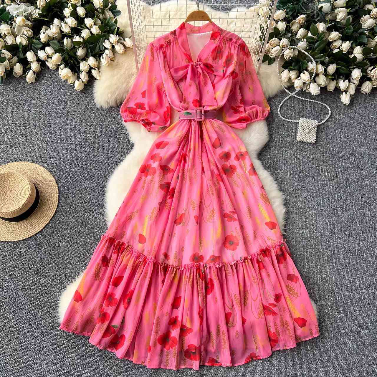French style pink chiffon maxi dress