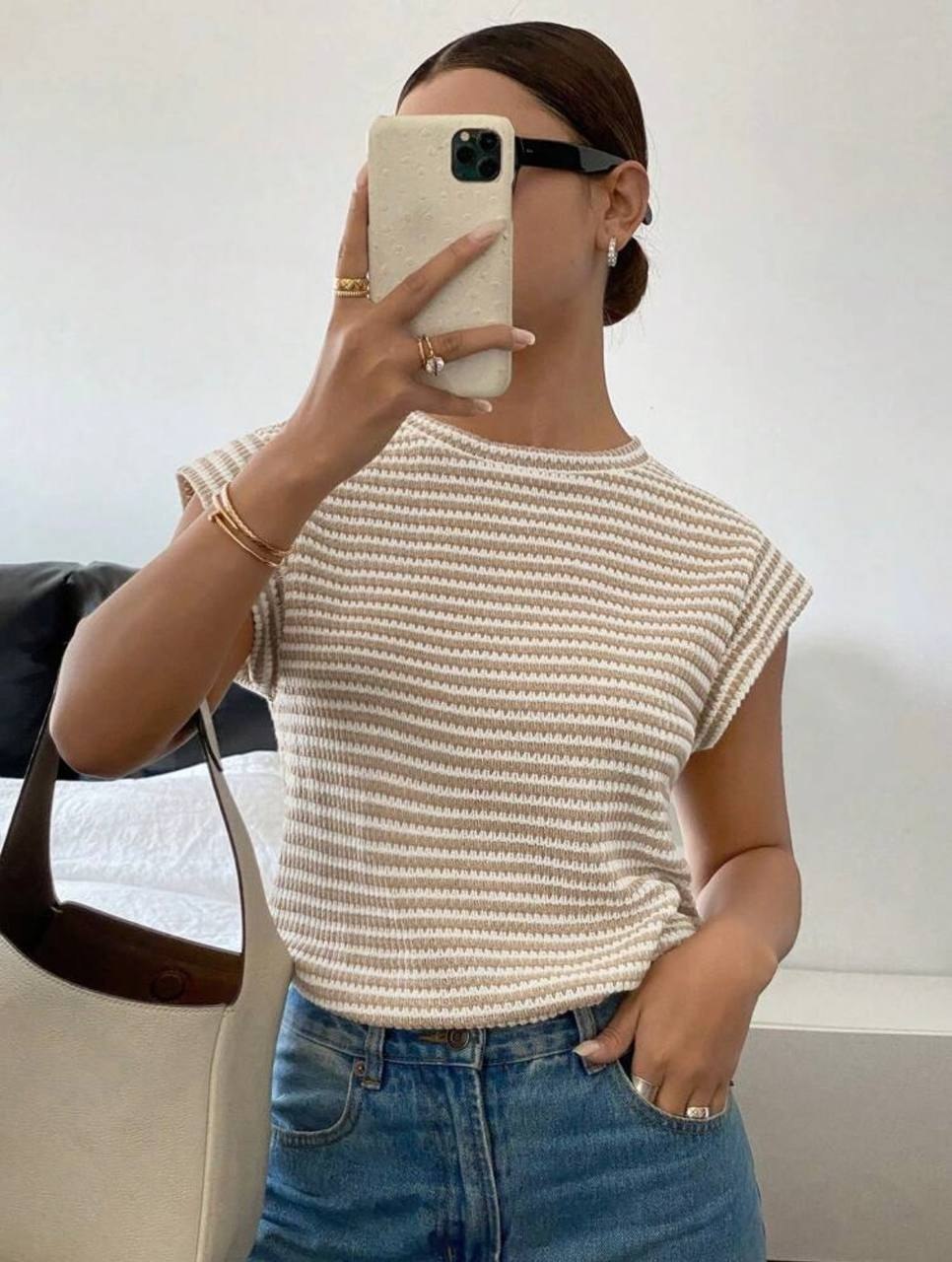 Neutral neutral-toned striped knit top