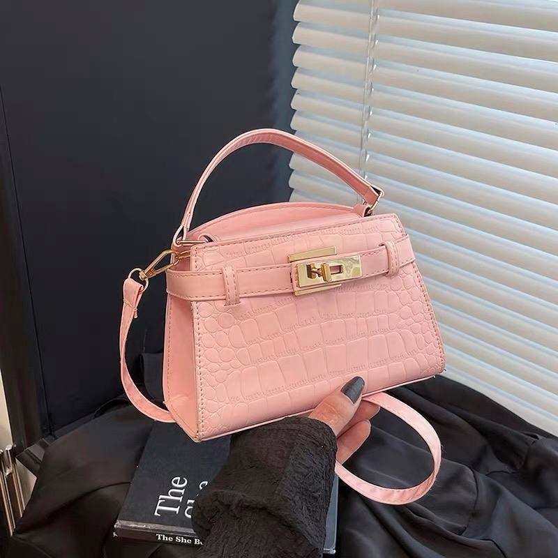 Small pink crocodile embossed faux leather (PU) top-handle handbag