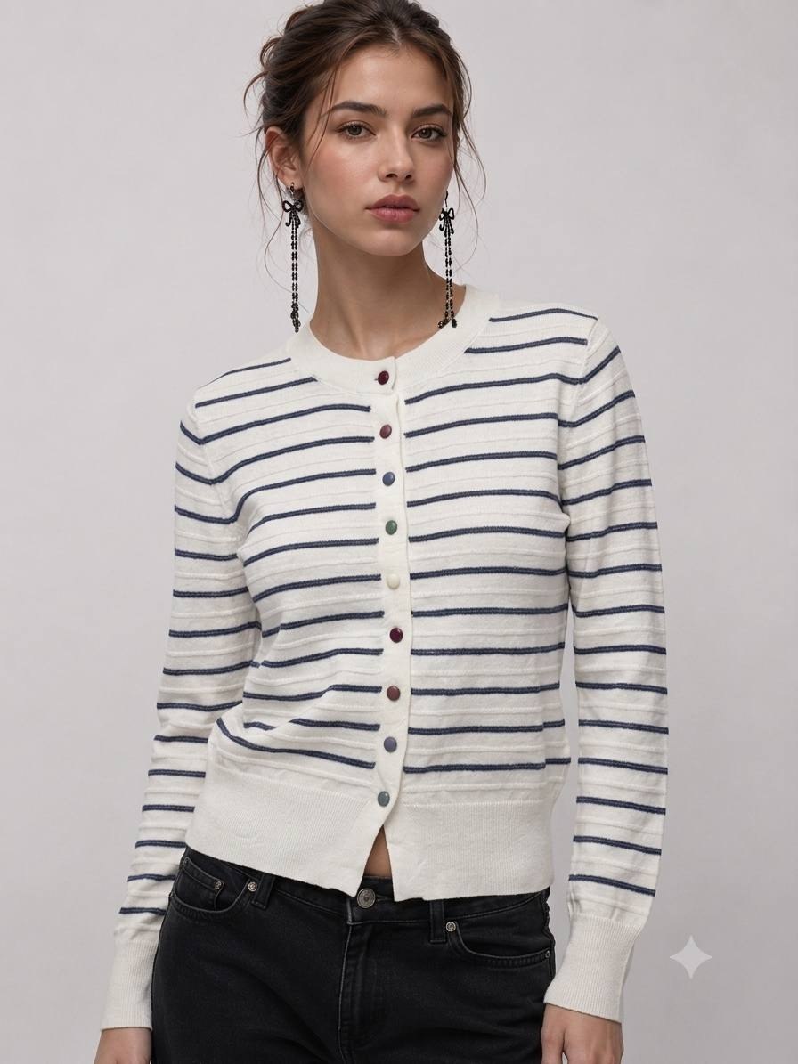 Crewneck striped cardigan sweater