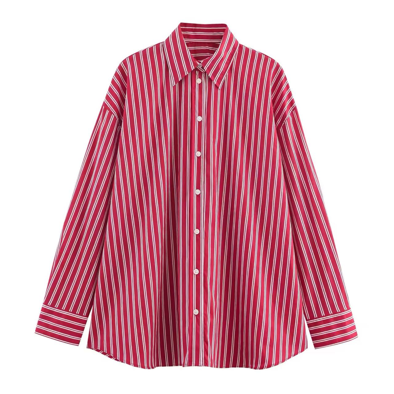 Long-sleeved shirt features a bold red and white vertical stripe pattern