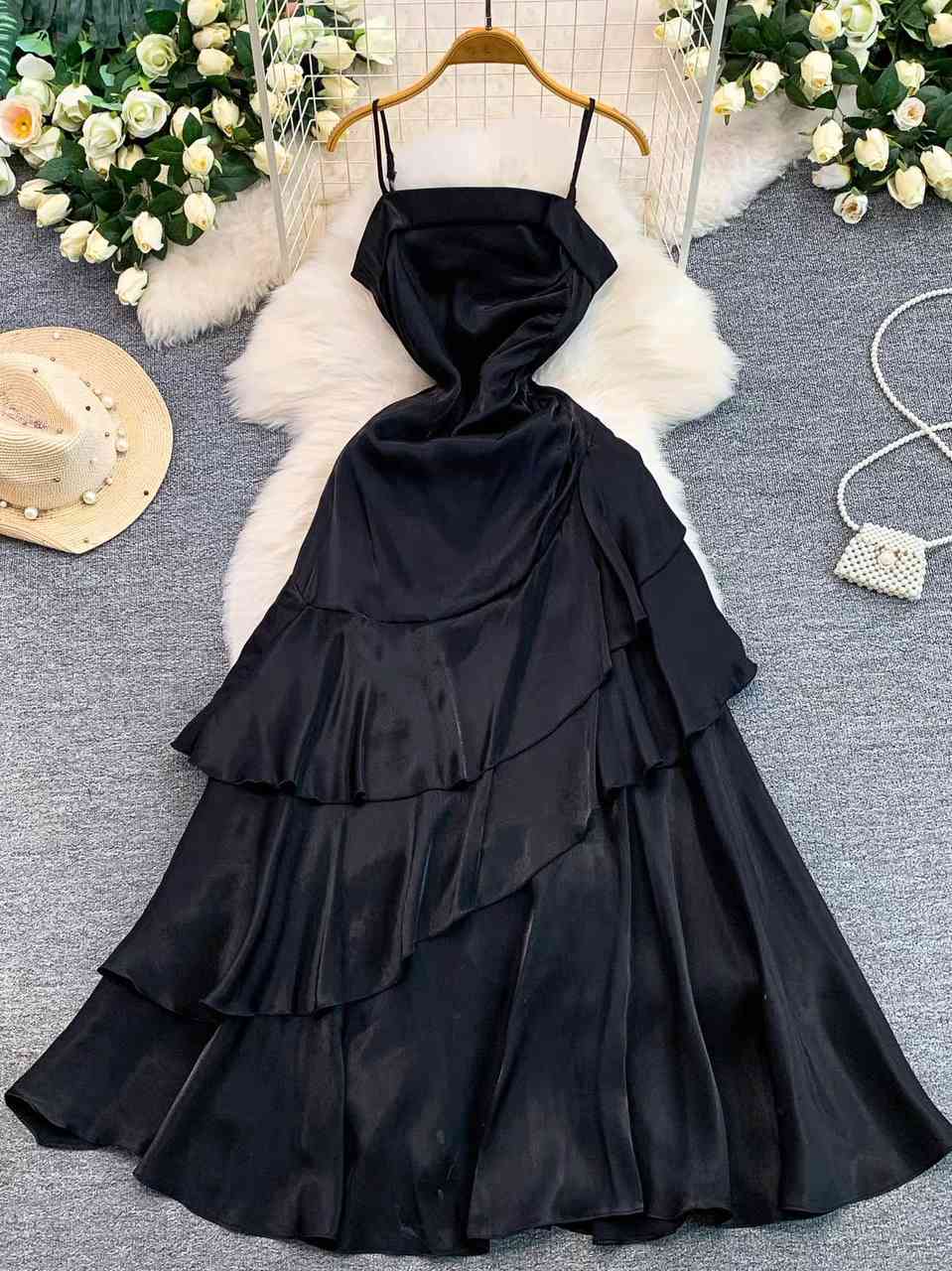 Black satin tiered ruffle maxi dress