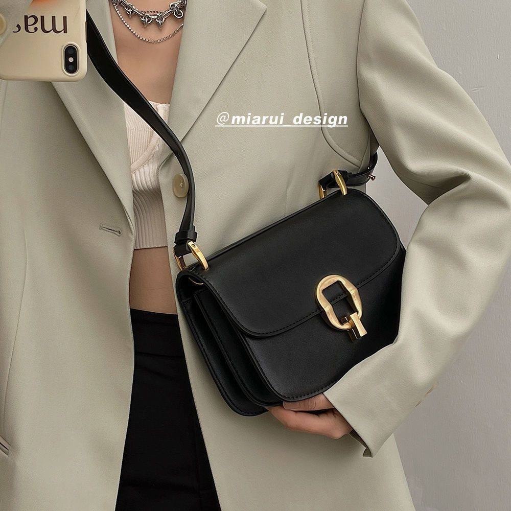 Black faux leather square flap shoulder bag
