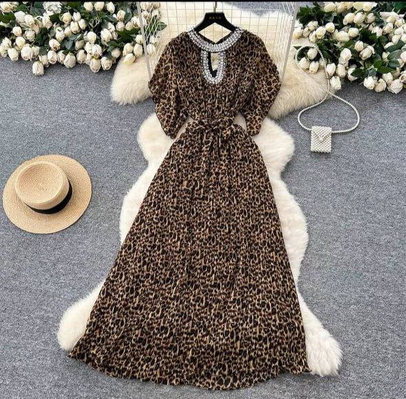 Leopard Print Maxi Dress with an Embellished Neckline