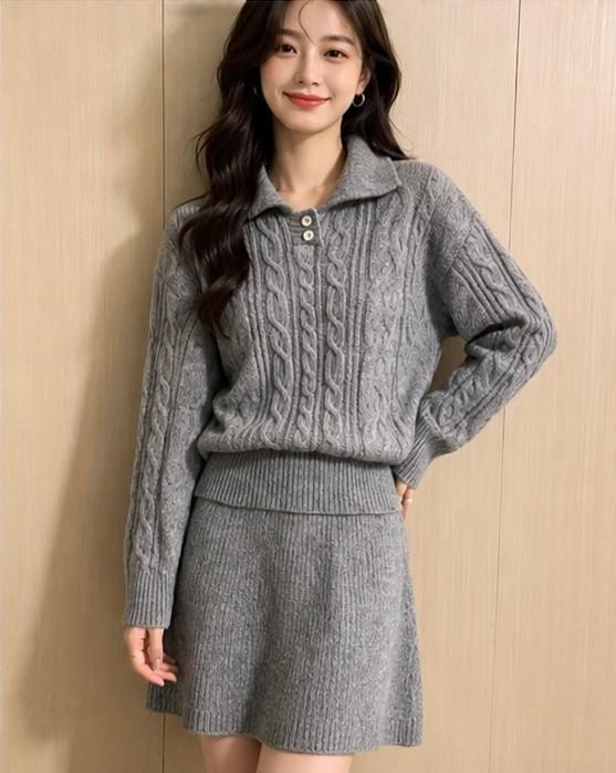Gray cable-knit polo pullover sweater