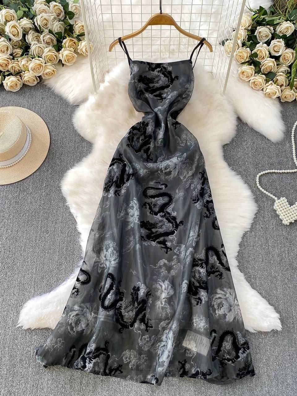Chinese-style dragon-print maxi dress