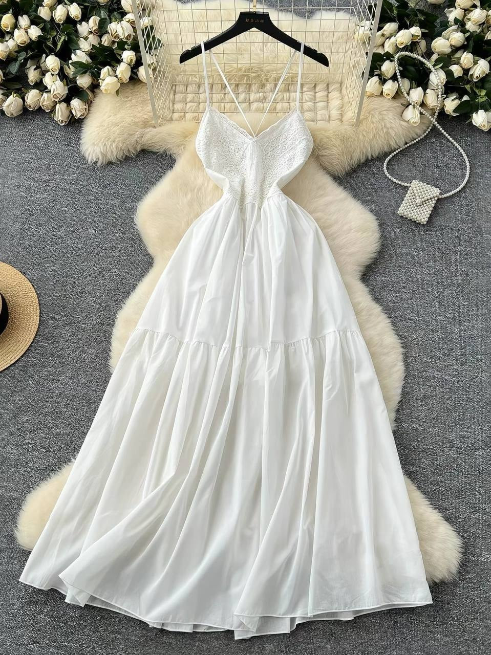 White French-style backless maxi dress