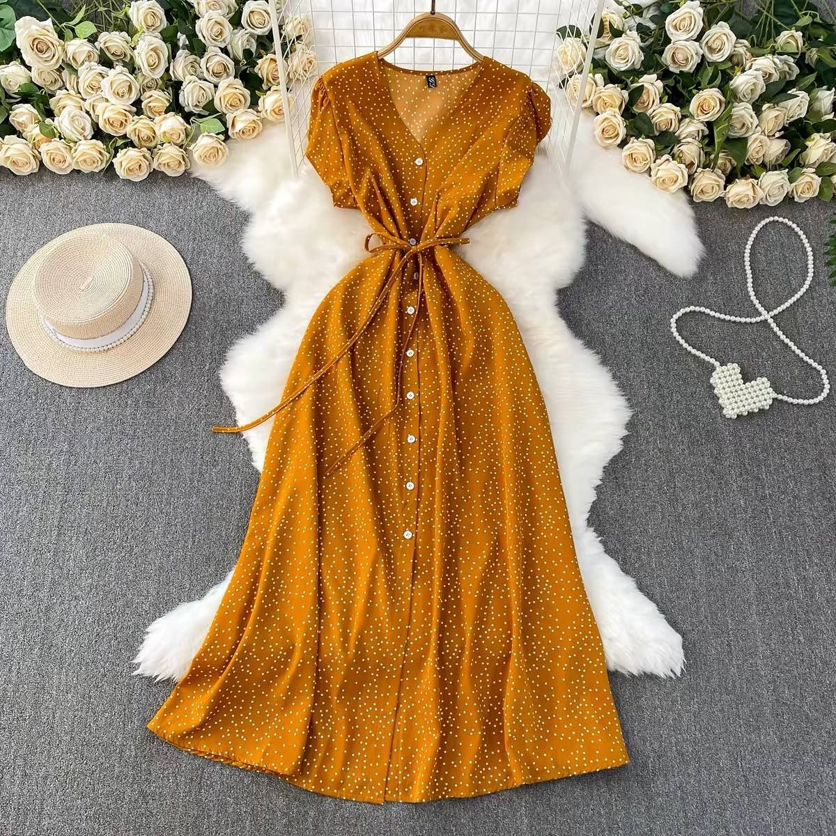 Vibrant yellow French style midi dress