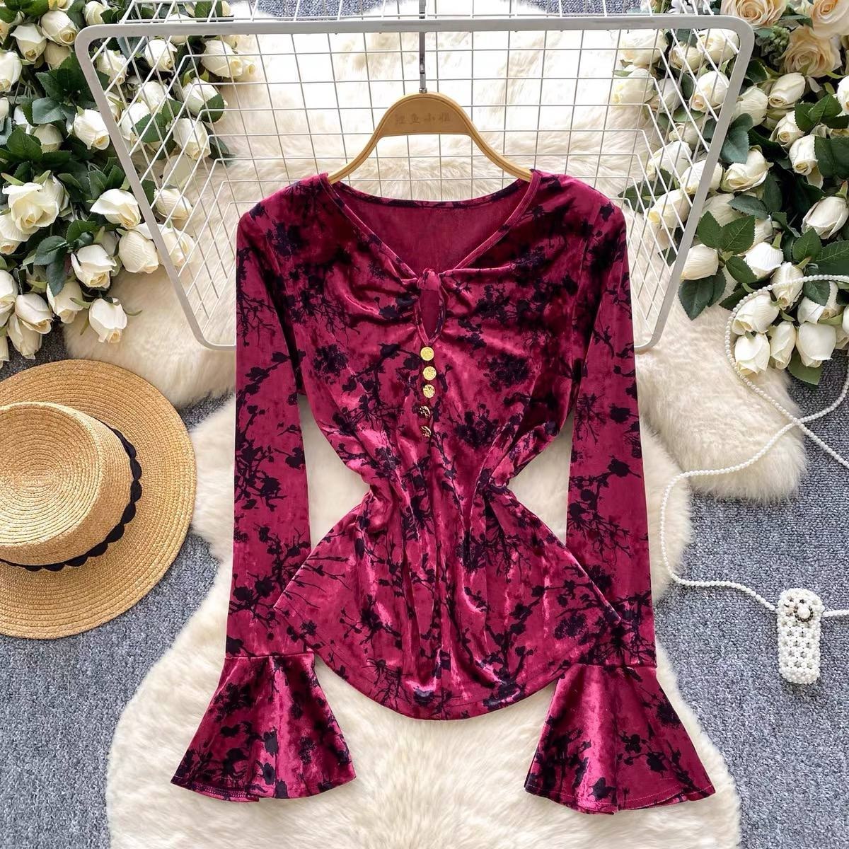 Burgundy floral flocked velvet V-neck long-sleeve top