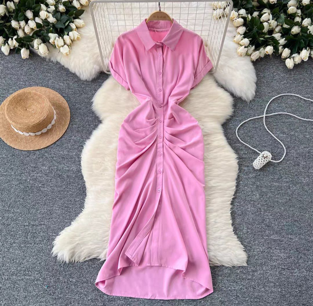 Pink short-sleeve midi shirt dress with a ruched waist