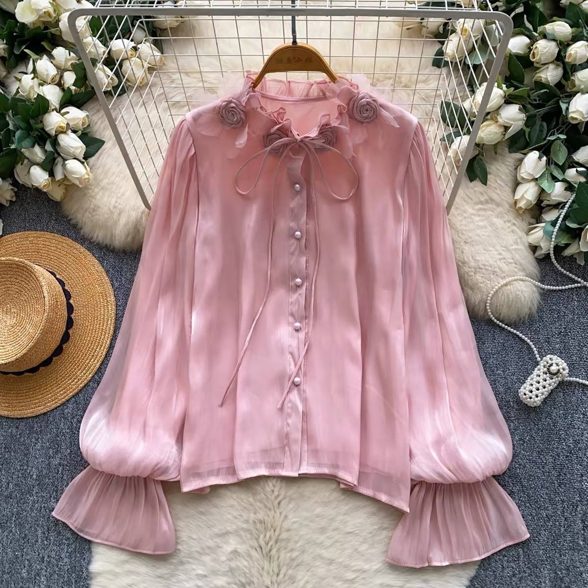 Light pink chiffon long-sleeve blouse with a ruffle collar, 3D floral accents