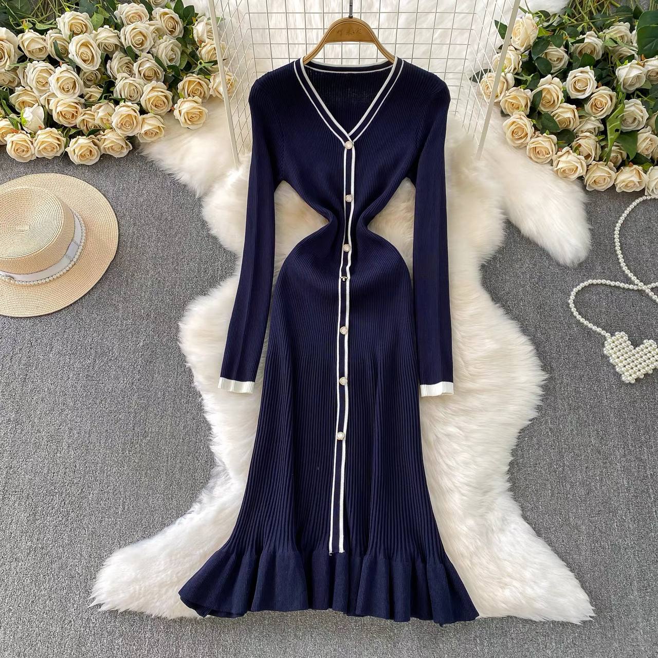 Navy blue ribbed knit dress