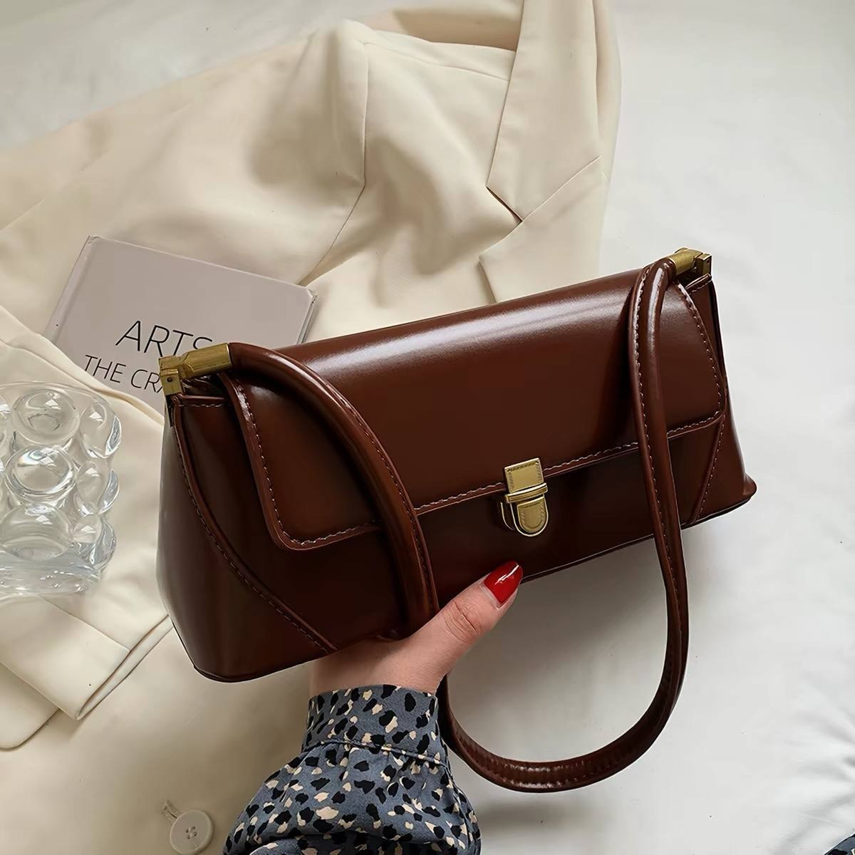 Elegant French vintage style leather baguette shoulder bag