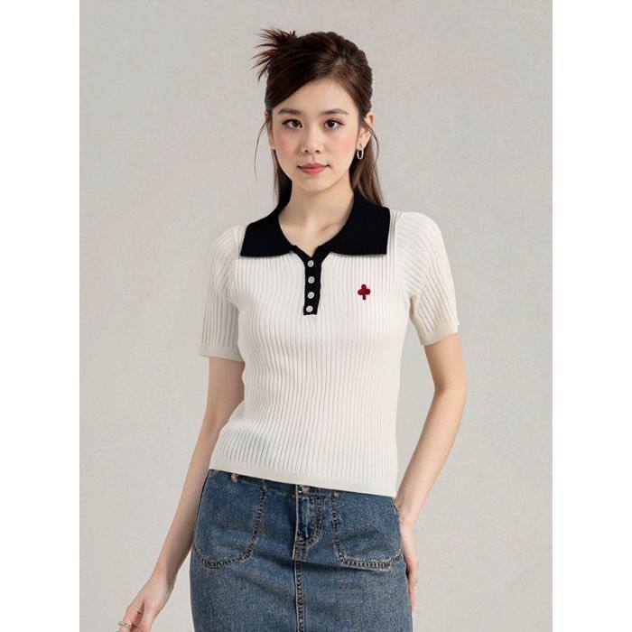 Ribbed knit polo top