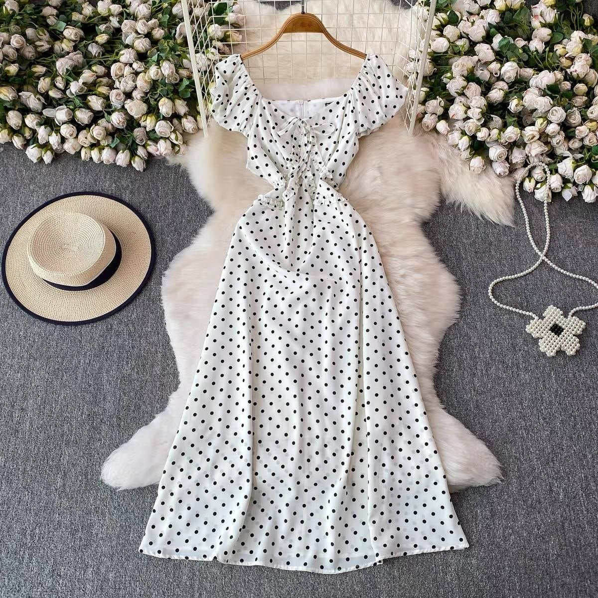 French style white and black polka dot midi dress