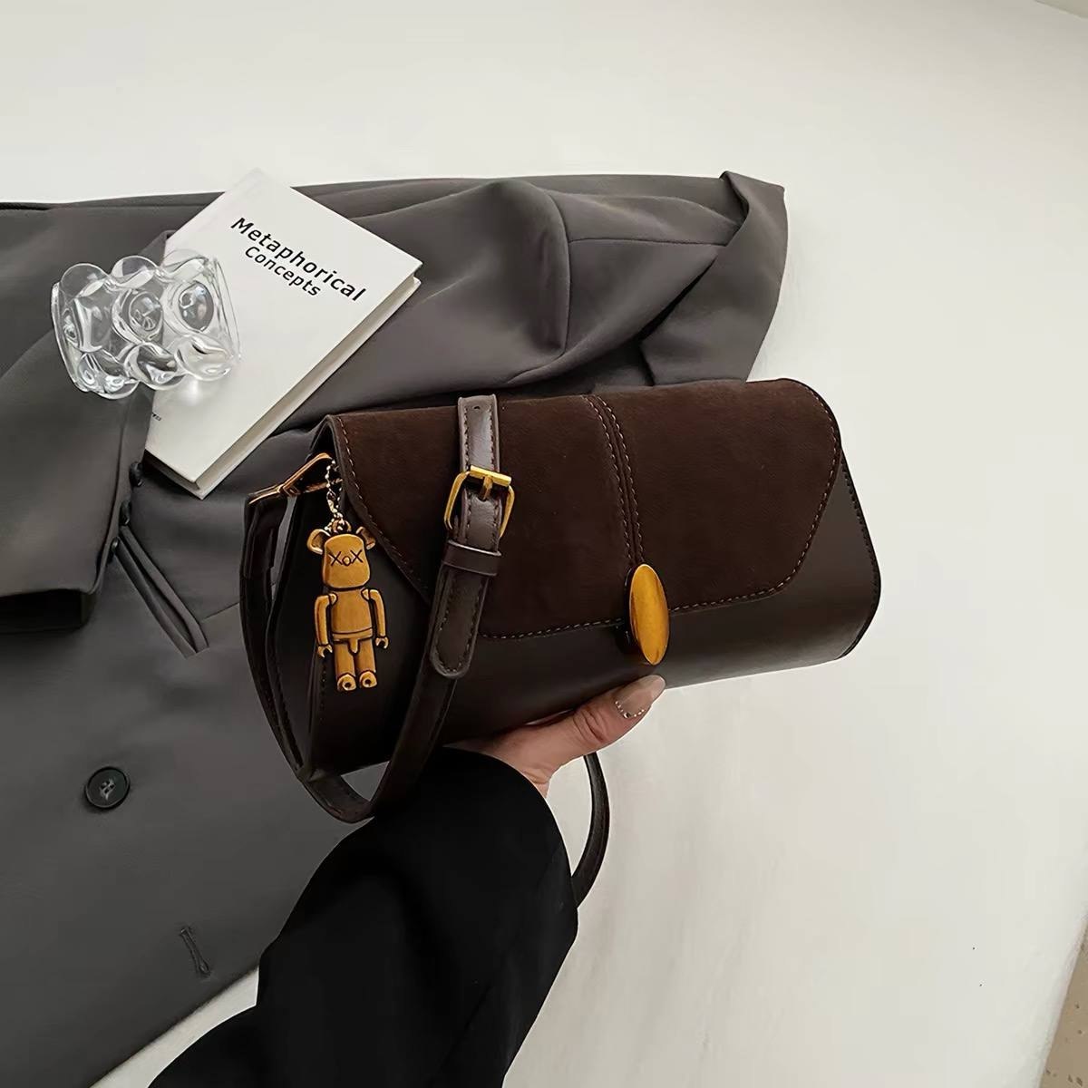 Retro suede and PU leather baguette ba